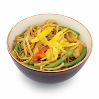 Japanese UDON noodles with chicken, eggs, mushrooms and vegetables